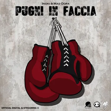 Обложка Pugni in faccia: две подвешенные красные боксёрские перчатки